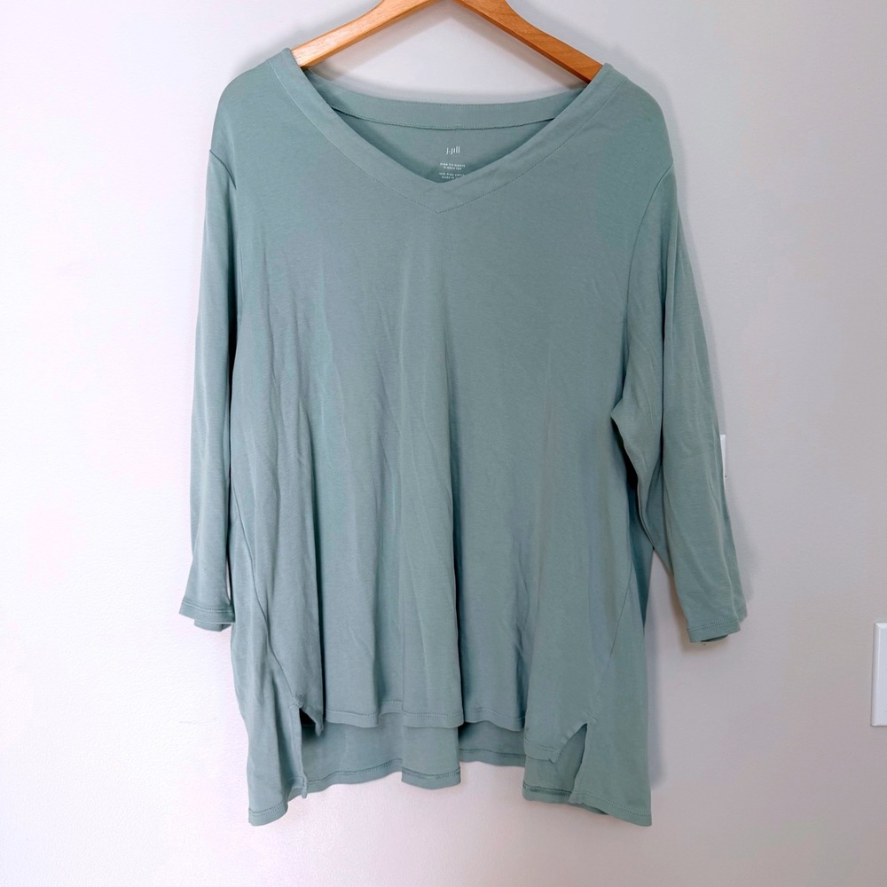 J Jill V-Neck Top Womens 2X Blue Green 100% Pima Cotton 3/4 Sleeve Side Slit Hem
